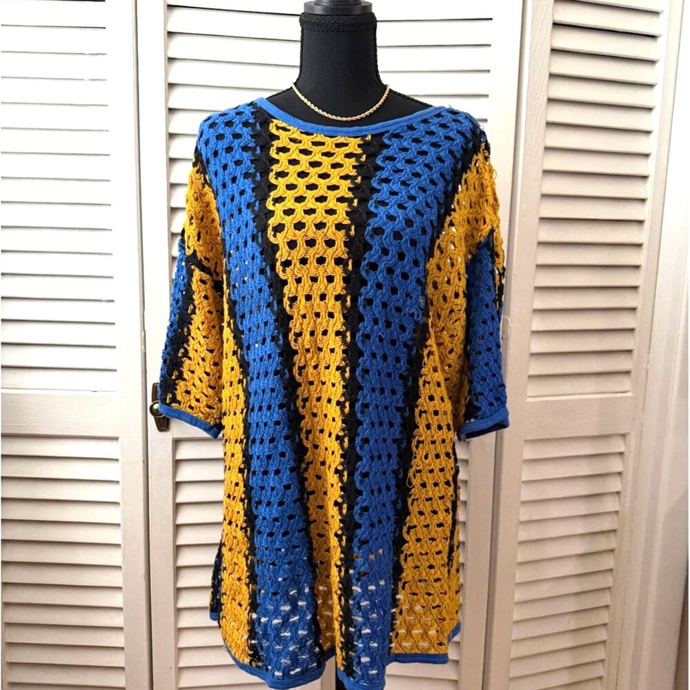 Rare Unique Vintage 80s 90s Trutus Biancarra Open Weave Knit Striped Top M